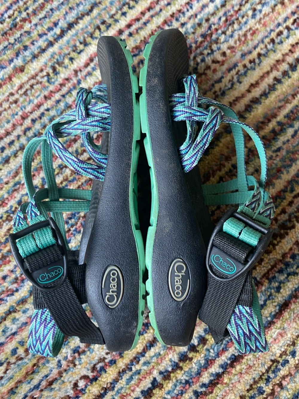 Chaco Women's Black Sandals with Teal and Light Blue Straps - Picture 6 of 9